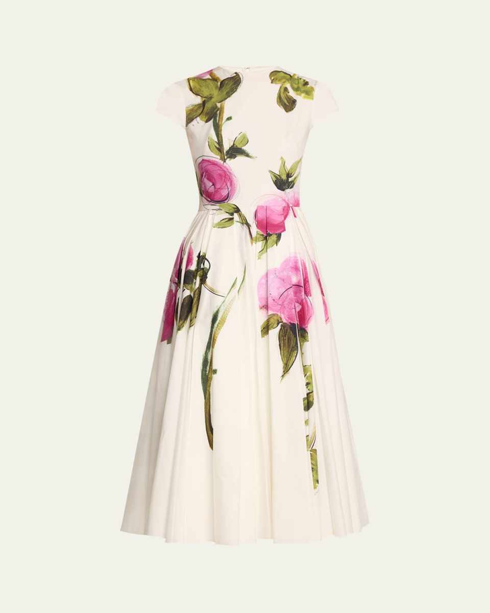 Pleated Painted Roses Poplin Midi Dress